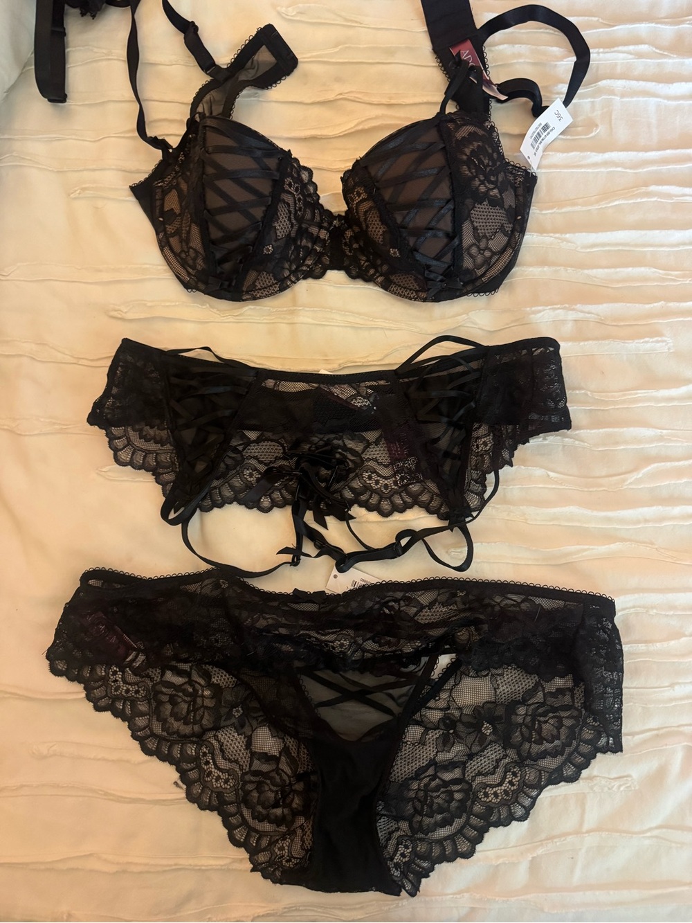 Adore Me Black Lace Bra, Garter Belt & Lace Hipster Panty Set plus tights!